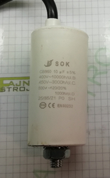 motorový běhový kondenzátor CBB60, 10 uF/450 VAC M8, (kabel + šroub)
